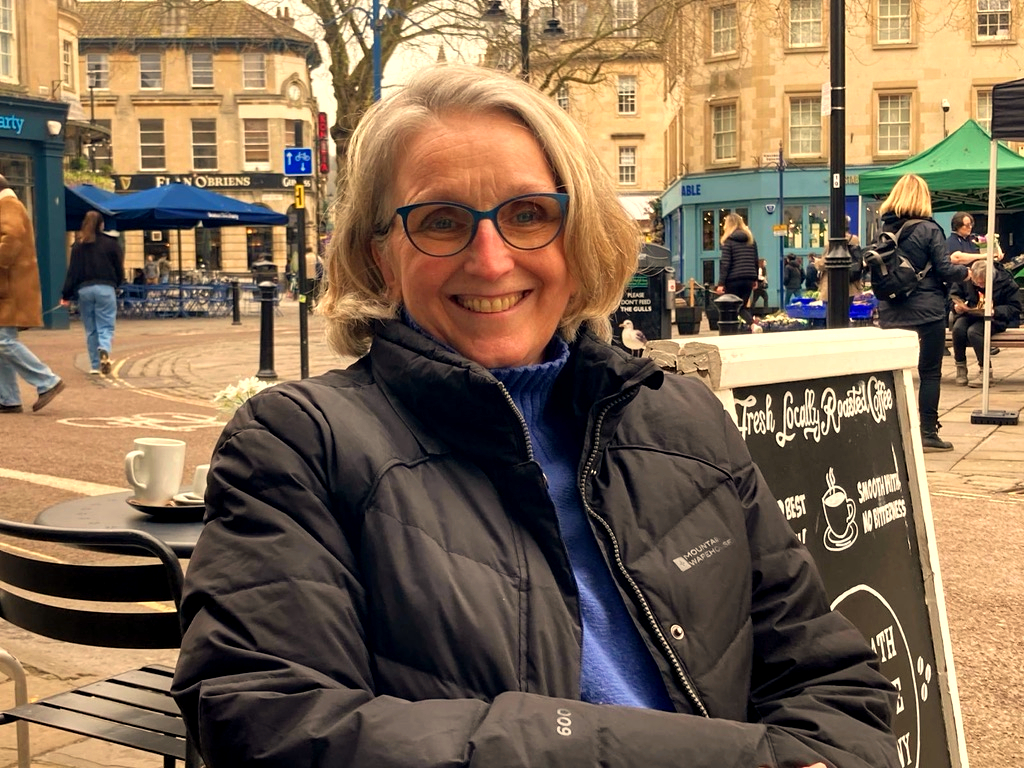 Lucy Constantine owner of Actively English at a cafe in a UK Immersion location
